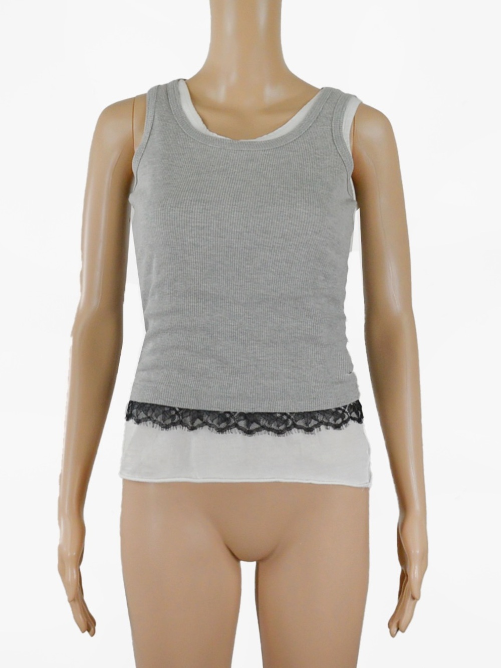 Robert Rodriguez Layered Ribbed Cami Tank Top Gray Black Lace Trim